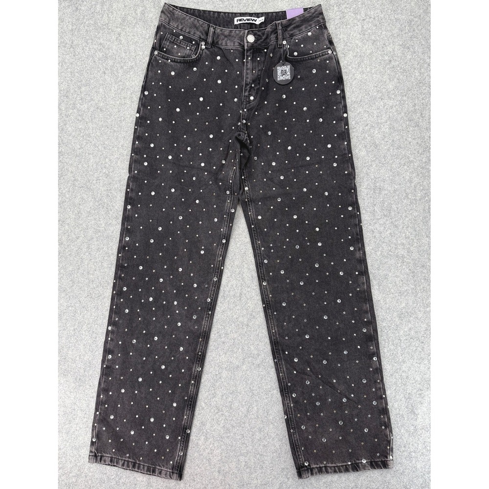 Review Straight Leg Jeans 28 Black All Over Rhinestone Embellished Crystal Bling